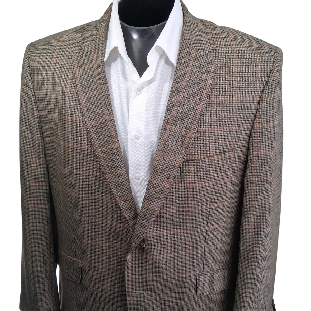 Haggar Sport Coat Mens 46R Brown Plaid Classic Fit Houndstooth Blazer